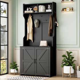 ON-TREND Farmhouse 4-in-1 Hall Tree with Barn Doors, Movable Bench with 7 Hanging Hooks and Shoe Storage Cabinet