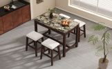 TREXM 3-Piece Modern Faux Marble Versatile Bar Table Set with Storage Drawers and Padded Stools