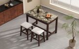 TREXM 3-Piece Modern Faux Marble Versatile Bar Table Set with Storage Drawers and Padded Stools