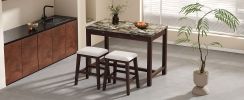 TREXM 3-Piece Modern Faux Marble Versatile Bar Table Set with Storage Drawers and Padded Stools