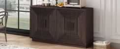 TREXM Vintage Distressed 4-Door Sideboard with Adjustable Shelves and Geometric Pattern for Dining Room, Kitchen and Living Room (Espresso)