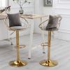 Grey velvet bar chair, pure gold plated, unique design,360 degree rotation, adjustable height,Suitable for dinning room and bar,set of 2