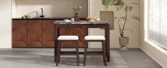 TREXM 3-Piece Modern Faux Marble Versatile Bar Table Set with Storage Drawers and Padded Stools