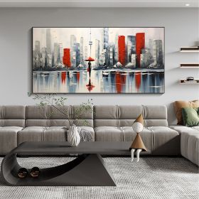 Original City Rainy View Handmade Oil Painting On Canvas Large Wall Art Abstract Minimalist Lonely Cityscape Art Custom Modern Living Room Wall Decor (Style: 01, size: 140x280cm)