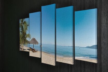 Tropical beach panorama with deckchairs 5 Split Panel Canvas (Type: Standard Framed Canvas Print (Split-Panel), size: 64" x 32" / 162cm x 85cm (Approx))