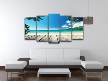 seychelles beach and wooden pier 5 Split Panel Canvas (Type: Standard Framed Canvas Print (Split-Panel), size: 84" x 40" / 214cm x 100cm (Approx))