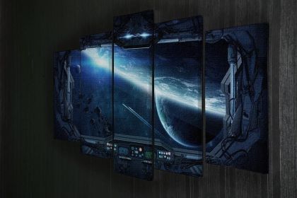 View of outer space from the window of a space station 5 Split Panel Canvas (Type: Standard Framed Canvas Print (Split-Panel), size: 64" x 32" / 162cm x 85cm (Approx))